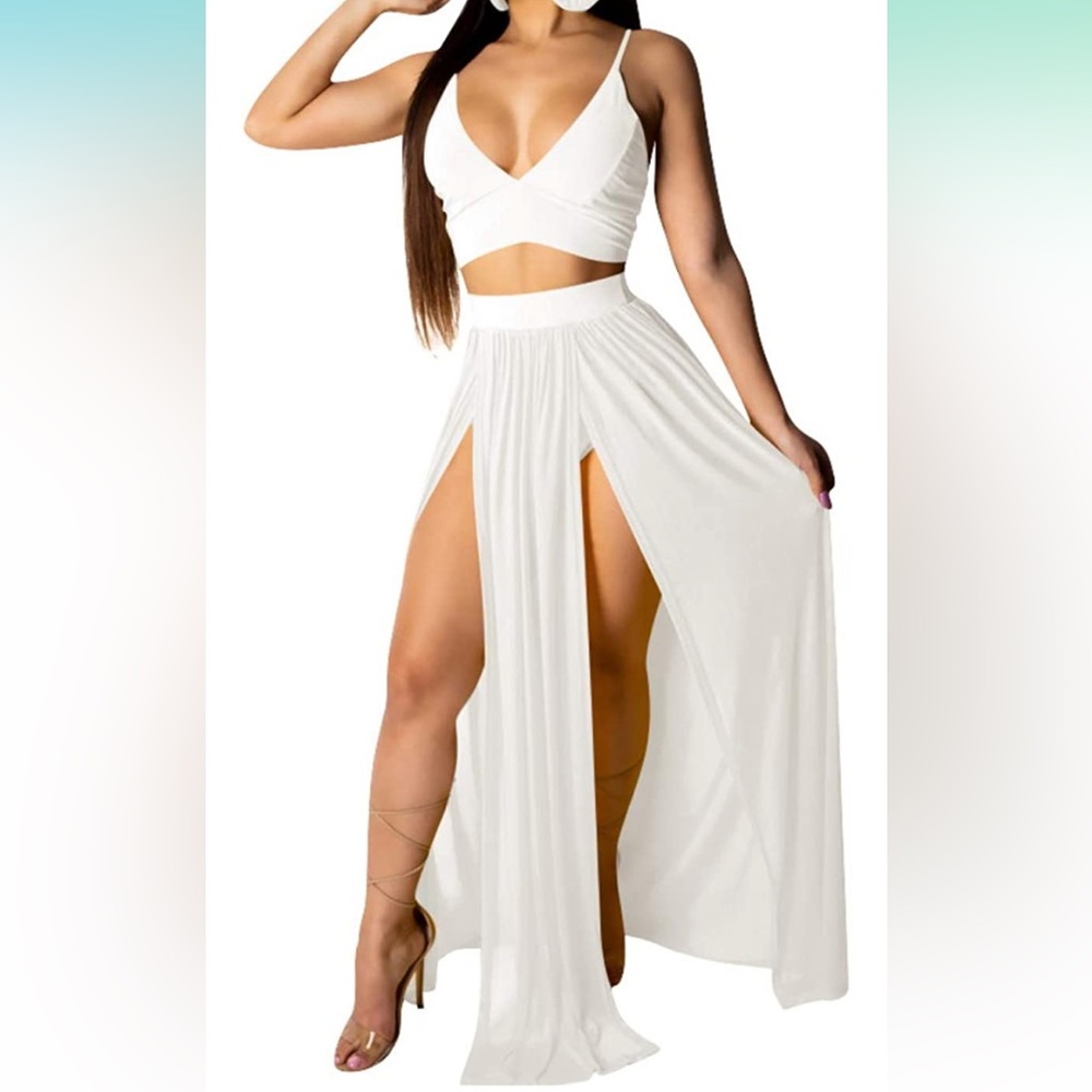 Sexy two piece white outfit sheer skirt